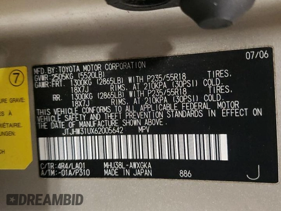 2006 Lexus RX 400h with VIN JTJHW31UX62005642, listed as a Copart auction lot 51365475 with 191,673 mi miles and Salvage Title. Bid and sale history available at DreamBid. Image 13.
