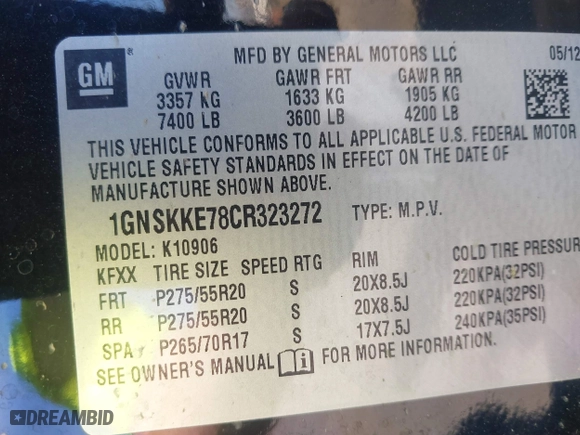 2012 Chevrolet Suburban LTZ with VIN 1GNSKKE78CR323272, listed as a IAAI auction lot 41794029 with 16,541 mi miles. Bid and sale history available at carsss.com. Image 9.