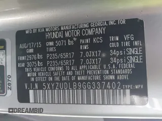 2016 Hyundai Santa Fe z VIN 5XYZUDLB9GG337402, wystawiony jako IAAI lot #41761929 z przebiegiem 112 560 mil mil oraz . Historia ofert i sprzedaży dostępna na DreamBid. Obrazek 9.