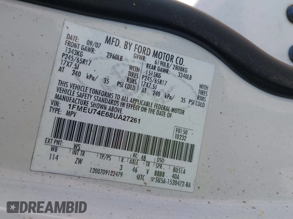 2008 Ford Explorer Eddie Bauer with VIN 1FMEU74E68UA27261, listed as a IAAI auction lot 42319092 with 226,551 mi miles and . Bid and sale history available at DreamBid. Image 9.