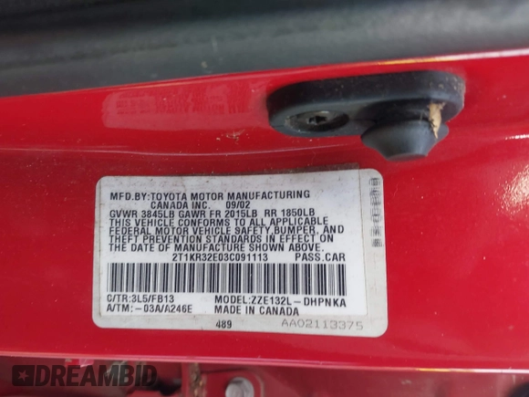 2003 Toyota Matrix Std with VIN 2T1KR32E03C091113, listed as a IAAI auction lot 42013265 with 227,987 mi miles. Bid and sale history available at carsss.com. Image 9.