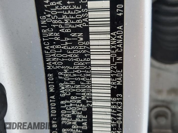 2014 Toyota Corolla L with VIN 2T1BURHEXEC161776, listed as a Copart auction lot 61226005 with 205,169 mi miles and Salvage title. Bid and sale history available at DreamBid. Image 12.