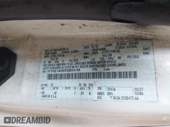 2007 Ford Econoline Cargo Commercial with VIN 1FTNE14W97DB44158, listed as a IAAI auction lot 41402131 with 335,266 mi miles and . Bid and sale history available at DreamBid. Image 9.