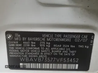 2007 BMW 3 Series 335i with VIN WBAVB73577VF53452, listed as a Copart auction lot 50730445 with 127,321 mi miles and Clean Title. Bid and sale history available at carsss.com. Image 13.