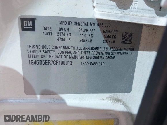 2012 Buick LaCrosse Premium 1 with VIN 1G4GD5ER7CF190013, listed as a IAAI auction lot 42418418 with 203,399 mi miles and . Bid and sale history available at DreamBid. Image 9.
