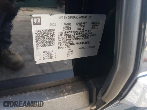 2021 GMC Yukon XL SLT with VIN 1GKS2GKD7MR451511, listed as a Copart auction lot 69013344 with 123,317 mi miles and Salvage Title. Bid and sale history available at carsss.com. Image 13.