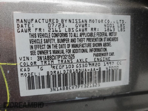 2023 Nissan Sentra SV with VIN 3N1AB8CV7PY321525, listed as a Copart auction lot 52162895 with 4,806 mi miles and Non Repairable. Bid and sale history available at carsss.com. Image 15.