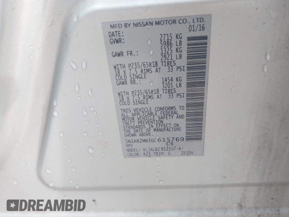 2016 Nissan Pathfinder S with VIN 5N1AR2MN3GC615769, listed as a IAAI auction lot 41565136 with 158,441 mi miles and . Bid and sale history available at DreamBid. Image 9.