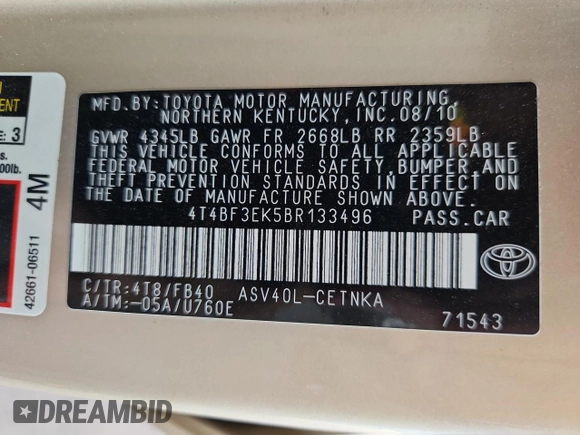 2011 Toyota Camry LE with VIN 4T4BF3EK5BR133496, listed as a Copart auction lot 64329365 with 79,900 mi miles and Salvage title. Bid and sale history available at DreamBid. Image 12.