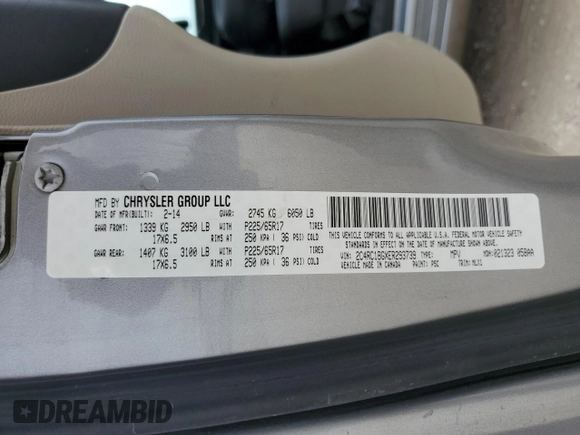 2014 Chrysler Town & Country Touring with VIN 2C4RC1BGXER293739, listed as a Copart auction lot 55531885 with 209,867 mi miles and Clean Title. Bid and sale history available at carsss.com. Image 14.