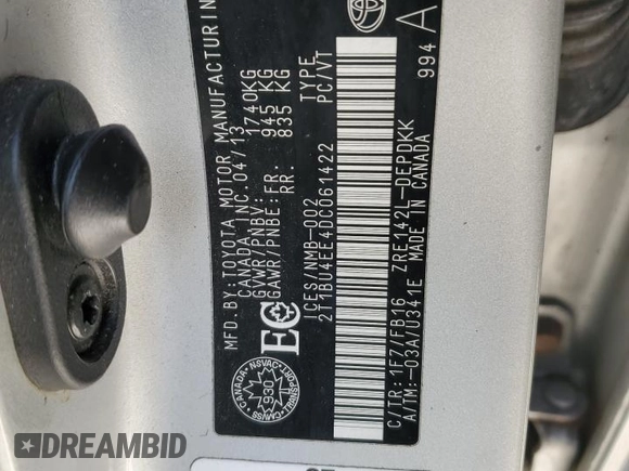 2013 Toyota Corolla L with VIN 2T1BU4EE4DC061422, listed as a Copart auction lot 88629625 with 286,641 mi miles and Salvage Title. Bid and sale history available at DreamBid. Image 12.