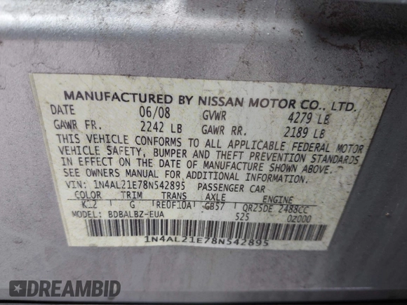 2008 Nissan Altima SL with VIN 1N4AL21E78N542895, listed as a IAAI auction lot 42122727 with Not Provided miles and . Bid and sale history available at DreamBid. Image 9.