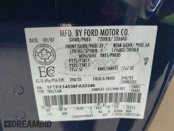 2008 Ford F-150 XLT с VIN 1FTPX14538FA33346, выставлен на аукционе IAAI как лот 42132066 с пробегом 166 912 миль миль и . История ставок и продаж доступна на DreamBid. Изображение 9.
