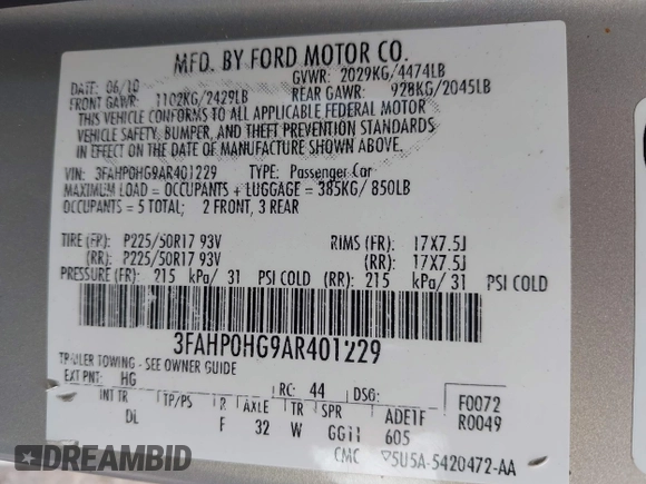 2010 Ford Fusion SE with VIN 3FAHP0HG9AR401229, listed as a IAAI auction lot 42644712 with 182,834 mi miles and . Bid and sale history available at DreamBid. Image 9.