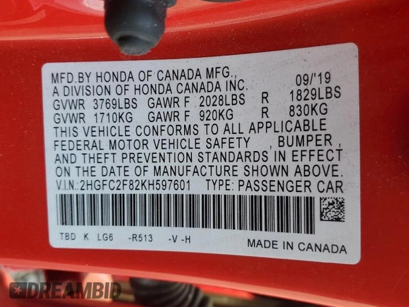 2019 Honda Civic Sport with VIN 2HGFC2F82KH597601, listed as a Copart auction lot 48484185 with 81,778 mi miles and Salvage title. Bid and sale history available at DreamBid. Image 12.