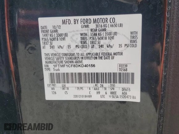 2013 Ford F-150 XL with VIN 1FTMF1CF8DKD40156, listed as a Copart auction lot 50408735 with 120,437 mi miles and Salvage title. Bid and sale history available at DreamBid. Image 12.