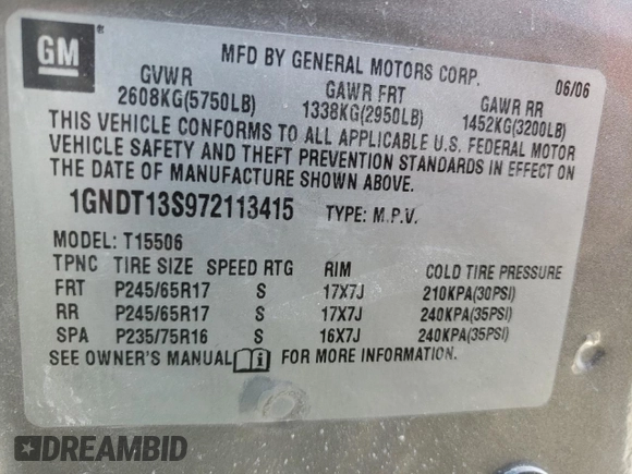 2007 Chevrolet TrailBlazer LS with VIN 1GNDT13S972113415, listed as a Copart auction lot 46336645 with 0 mi miles and Salvage Title. Bid and sale history available at carsss.com. Image 13.