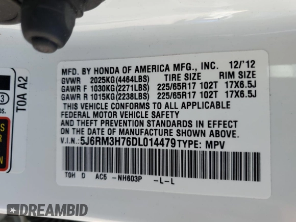 2013 Honda CR-V EX-L with VIN 5J6RM3H76DL014479, listed as a Copart auction lot 51075315 with 98,279 mi miles and Salvage Title. Bid and sale history available at DreamBid. Image 14.
