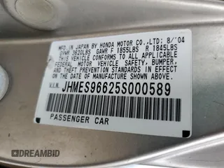 2005 Honda Civic with VIN JHMES96625S000589, listed as a Copart auction lot 44033985 with 161,944 mi miles and Salvage Title. Bid and sale history available at DreamBid. Image 12.