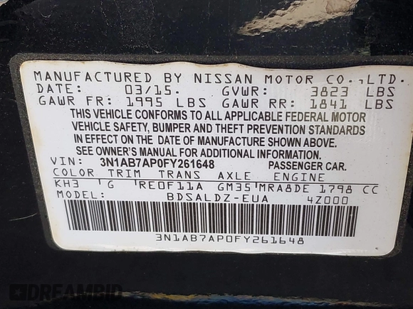 2015 Nissan Sentra SV with VIN 3N1AB7AP0FY261648, listed as a IAAI auction lot 41761168 with 68,329 mi miles and . Bid and sale history available at DreamBid. Image 9.