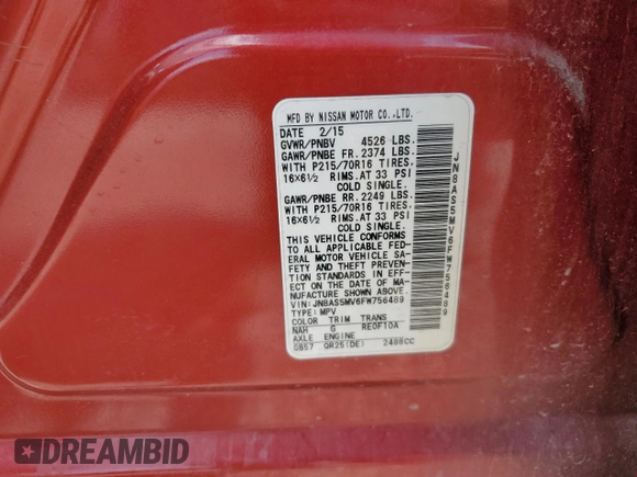 2015 Nissan Rogue S z VIN JN8AS5MV6FW756489, wystawiony jako Copart lot #56435885 z przebiegiem Nie podano mil oraz Szkoda całkowita • Salvage title. Historia ofert i sprzedaży dostępna na DreamBid. Obrazek 12.