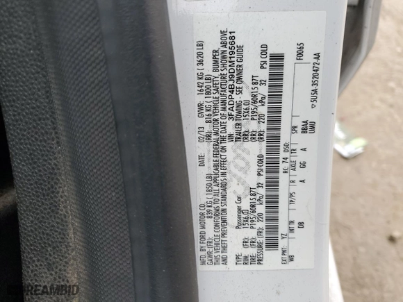 2013 Ford Fiesta SE with VIN 3FADP4BJ9DM195681, listed as a Copart auction lot 83581764 with 93,846 mi miles and Salvage Title. Bid and sale history available at carsss.com. Image 12.