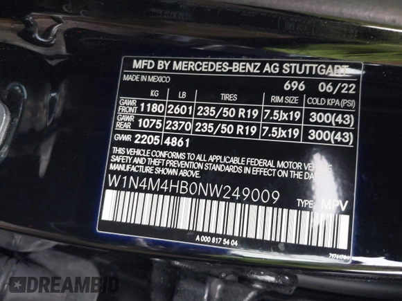 2022 Mercedes-Benz GLB 250 с VIN W1N4M4HB0NW249009, выставлен на аукционе IAAI как лот 41422295 с пробегом 49 761 миль миль и . История ставок и продаж доступна на DreamBid. Изображение 9.