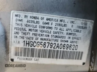 2002 Honda Accord SE с VIN 1HGCG56792A069620, выставлен на аукционе Copart как лот 53263115 с пробегом 250 637 миль миль и Списание • Salvage title. История ставок и продаж доступна на DreamBid. Изображение 14.