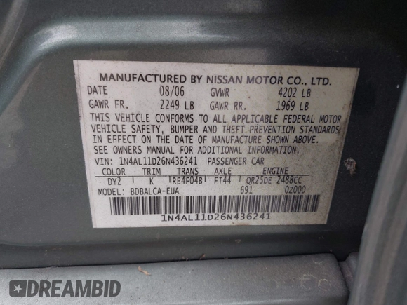 2006 Nissan Altima 2.5 S with VIN 1N4AL11D26N436241, listed as a IAAI auction lot 41907892 with 195,751 mi miles. Bid and sale history available at carsss.com. Image 9.