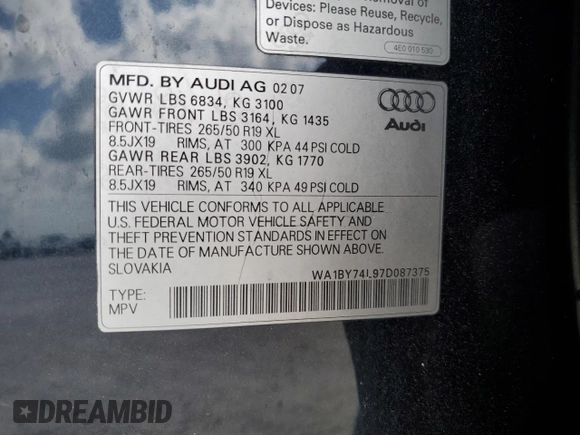 2007 Audi Q7 Premium with VIN WA1BY74L97D087375, listed as a Copart auction lot 55496285 with 163,850 mi miles and Clean title. Bid and sale history available at DreamBid. Image 12.