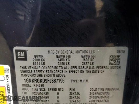 2015 Chevrolet Traverse LT with VIN 1GNKRGKD9FJ387195, listed as a Copart auction lot 58412955 with 145,071 mi miles and Clean title. Bid and sale history available at DreamBid. Image 13.