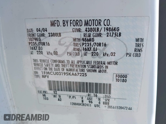 2005 Ford Escape XLT with VIN 1FMCU03195KA67225, listed as a IAAI auction lot 42614934 with 223,473 mi miles and . Bid and sale history available at DreamBid. Image 9.