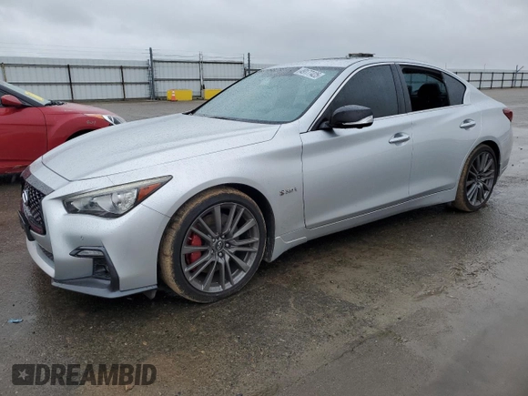 2018 Infiniti Q50 Red Sport 400 with VIN JN1FV7AP7JM461483, listed as a Copart auction lot 49177425 with 115,605 mi miles and Salvage title. Bid and sale history available at DreamBid. Image 1.