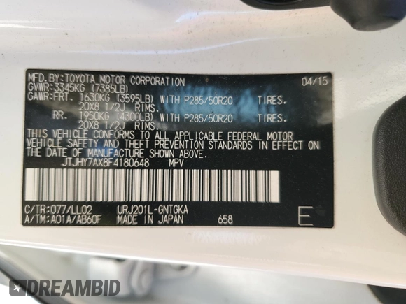 2015 Lexus LX 570 z VIN JTJHY7AX8F4180648, wystawiony jako Copart lot #47002635 z przebiegiem Nie podano mil oraz Szkoda całkowita • Salvage title. Historia ofert i sprzedaży dostępna na DreamBid. Obrazek 15.
