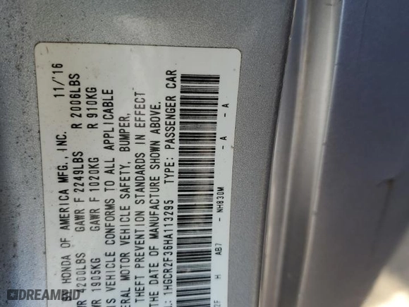 2017 Honda Accord Sedan LX with VIN 1HGCR2F36HA113295, listed as a Copart auction lot 69751334 with 198,074 mi miles and Salvage Title. Bid and sale history available at carsss.com. Image 12.