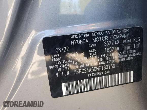 2022 Hyundai Accent SE with VIN 3KPC24A60NE183156, listed as a Copart auction lot 53238185 with 21,423 mi miles and Salvage title. Bid and sale history available at DreamBid. Image 13.