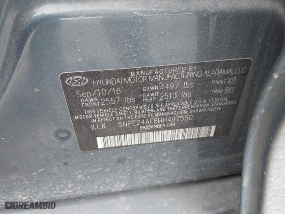 2017 Hyundai Sonata 2.4L with VIN 5NPE24AF6HH497550, listed as a IAAI auction lot 41707185 with 135,797 mi miles. Bid and sale history available at carsss.com. Image 9.