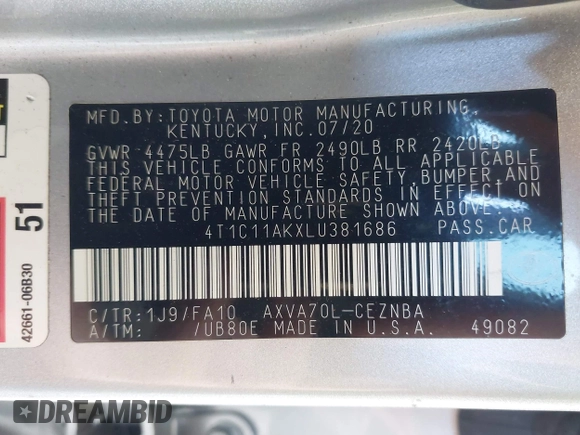 2020 Toyota Camry LE with VIN 4T1C11AKXLU381686, listed as a IAAI auction lot 42013767 with 32,603 mi miles. Bid and sale history available at carsss.com. Image 9.