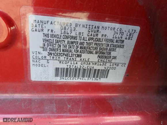 2014 Nissan Versa Note S Plus with VIN 3N1CE2CP4EL371369, listed as a Copart auction lot 51527715 with 98,582 mi miles and Clean Title. Bid and sale history available at carsss.com. Image 12.