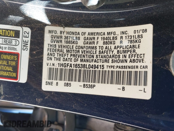 2008 Honda Civic LX with VIN 1HGFA16538L049415, listed as a IAAI auction lot 42127545 with 165,833 mi miles and . Bid and sale history available at DreamBid. Image 9.