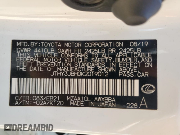 2019 Lexus UX 200 with VIN JTHY3JBH0K2019012, listed as a Copart auction lot 52217285 with 40,617 mi miles and Salvage title. Bid and sale history available at DreamBid. Image 15.