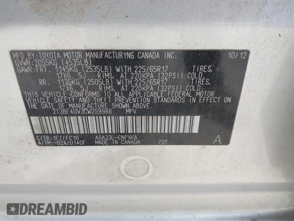 2012 Toyota RAV4 with VIN 2T3BF4DV3CW259988, listed as a IAAI auction lot 42728033 with 122,217 mi miles and . Bid and sale history available at DreamBid. Image 9.