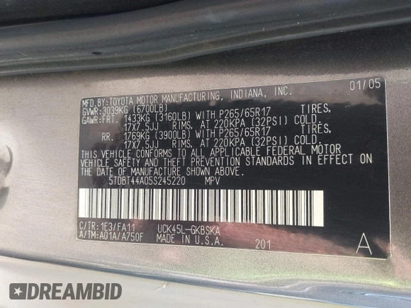 2005 Toyota Sequoia SR5 with VIN 5TDBT44A05S245220, listed as a IAAI auction lot 41674349 with 112,000 mi miles and . Bid and sale history available at DreamBid. Image 9.