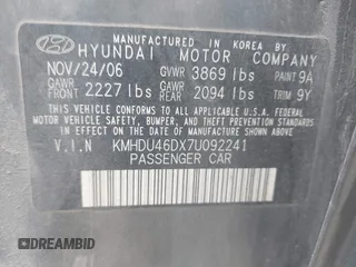 2007 Hyundai Elantra GLS with VIN KMHDU46DX7U092241, listed as a IAAI auction lot 42654502 with 133,244 mi miles and . Bid and sale history available at DreamBid. Image 9.