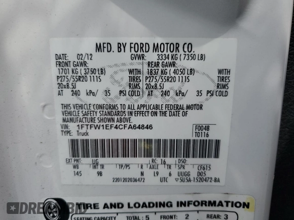 2012 Ford F-150 XL with VIN 1FTFW1EF4CFA64846, listed as a Copart auction lot 64670505 with 154,182 mi miles and Salvage title. Bid and sale history available at DreamBid. Image 12.