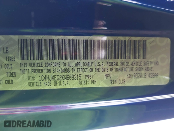 2019 Jeep Wrangler Unlimited Sahara with VIN 1C4HJXEG2KW609315, listed as a IAAI auction lot 41144404 with 55,266 mi miles and . Bid and sale history available at DreamBid. Image 17.