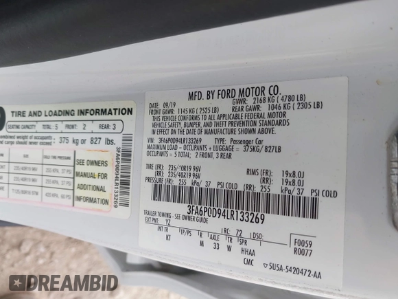 2020 Ford Fusion Titanium with VIN 3FA6P0D94LR133269, listed as a IAAI auction lot 42607013 with 89,406 mi miles and . Bid and sale history available at DreamBid. Image 9.