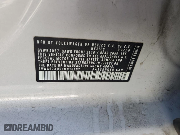 2020 Volkswagen Golf TSI z VIN 3VWG57AU5LM010192, wystawiony jako Copart lot #57451655 z przebiegiem 93 938 mil mil oraz Szkoda całkowita • Salvage title. Historia ofert i sprzedaży dostępna na DreamBid. Obrazek 12.