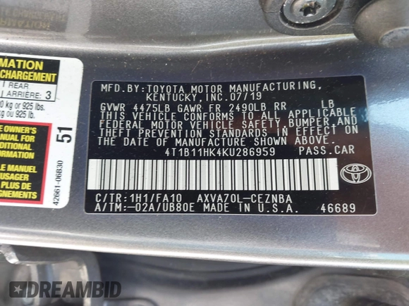 2019 Toyota Camry LE with VIN 4T1B11HK4KU286959, listed as a IAAI auction lot 42063344 with 92,481 mi miles and . Bid and sale history available at DreamBid. Image 9.