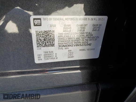 2022 Chevrolet Equinox LT with VIN 3GNAXKEV8NS231042, listed as a Copart auction lot 49452605 with 18,164 mi miles and Salvage Title. Bid and sale history available at DreamBid. Image 14.